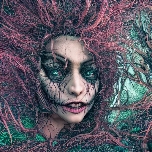 Image similar to photo of terrifying witch, hyper detailed, flowing background, intricate and detailed, trippy, 8 k, octane render