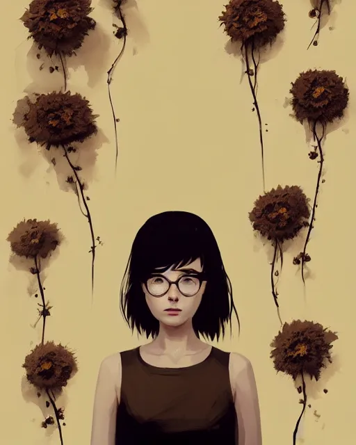 Image similar to cottagecore hyper - realistic portrait of a woman in black sleeveless t - shirt, flowers, by atey ghailan, by greg rutkowski, by greg tocchini, by james gilleard, by joe fenton, by kaethe butcher, dynamic lighting, gradient light yellow, brown, blonde cream and white color scheme, grunge aesthetic