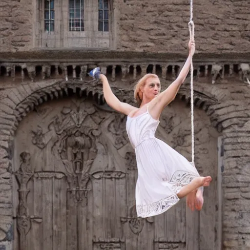 Image similar to beautiful athletic female swinging on large lyra hoop, intricate detail, in front of medieval castle, cinematic compositon, photorealistic