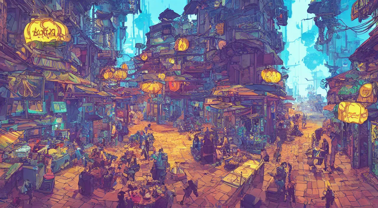 Image similar to bazaar zouk oriantal full color sky shine place mosquet painting stylized digital illustration video game icon global illumination ray tracing that looks like it is from borderlands and by feng zhu and loish and laurie greasley, victo ngai, andreas rocha, john harris