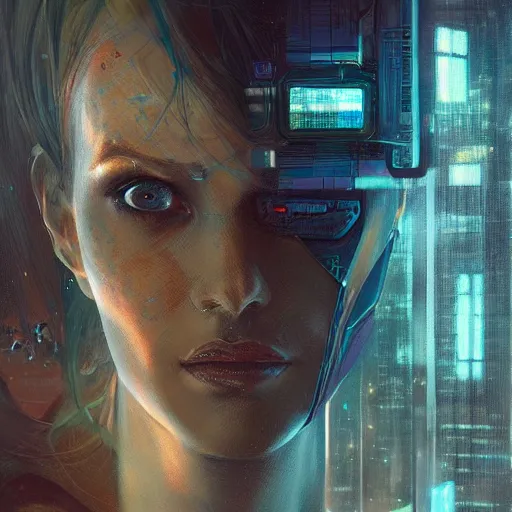 Image similar to portrait of cyberpunk woman looking out of a window, cyberpunk setting, futuristic, highly detailed, intricate lighting, digital painting, sharp focus, illustration, trending on artstation, art by karol bak.