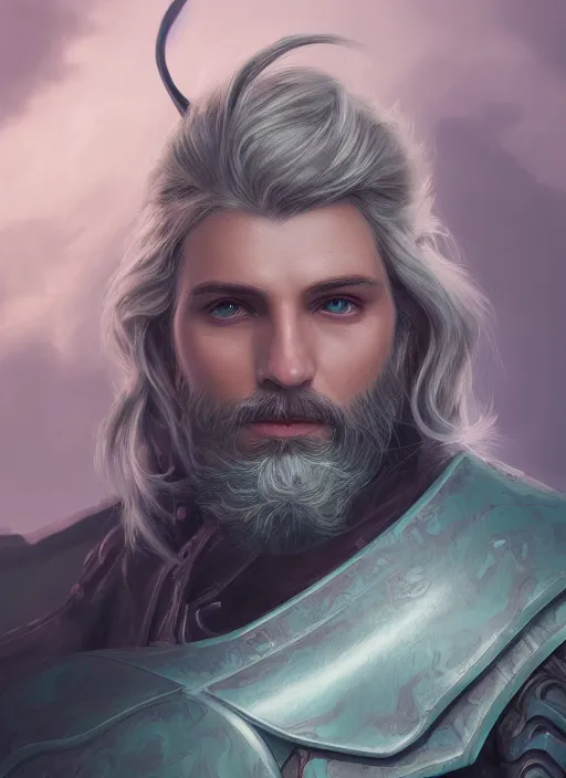 Image similar to an epic fantastic realism comic book style portrait painting of an aasimar paladin, male, silver hair, short brown beard, d & d concept art, unreal 5, daz, teal aesthetic, octane render, cosplay, rpg portrait, dynamic lighting