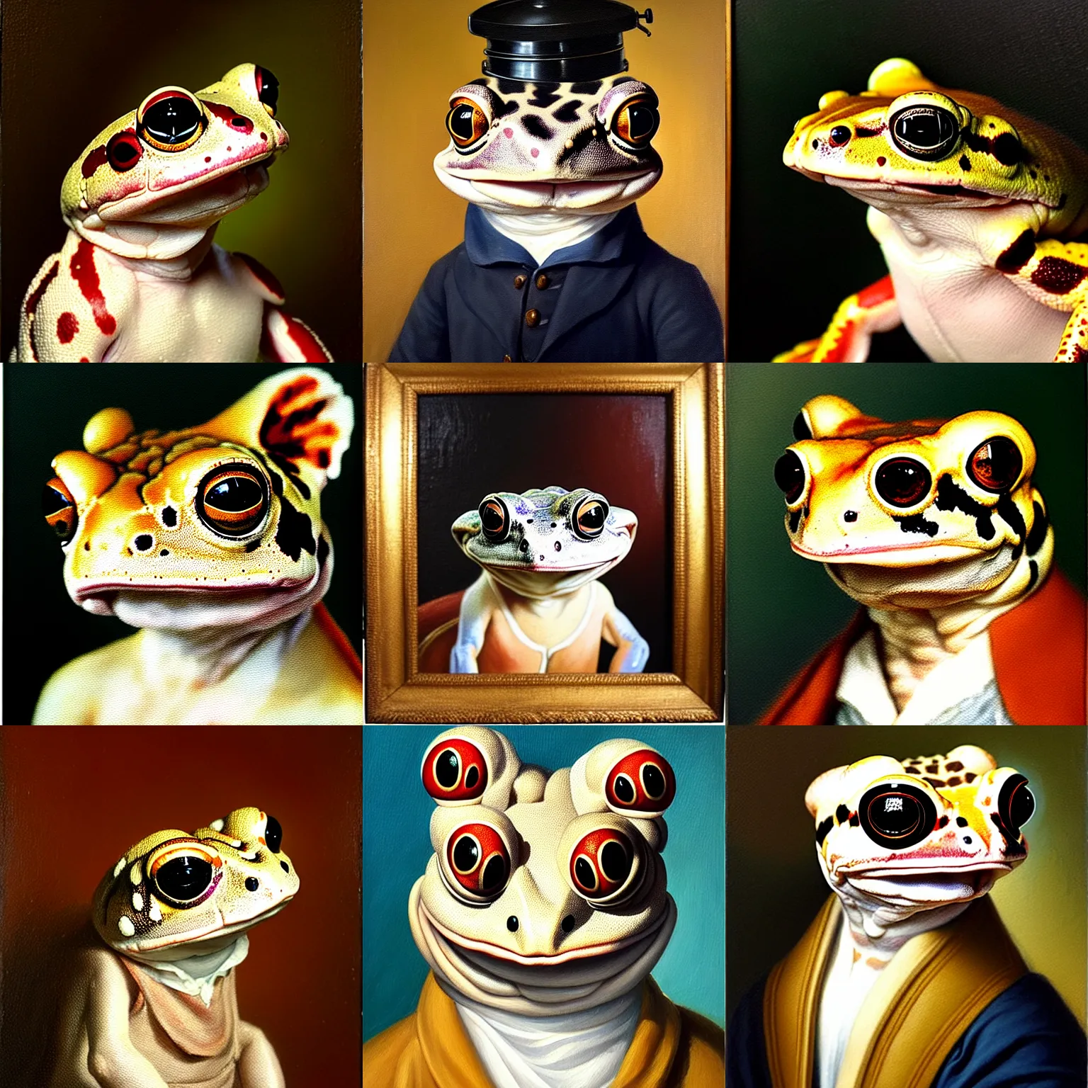 Prompt: a head and shoulders portrait painting of an anthropomorphic!!!!!!!!!! amazon milk frog!!!!!!!!!! wearing a colonial outfit without a hat looking off camera, a character portrait, classicism painting, oil on canvas, warm!!!!!!!!!! lighting