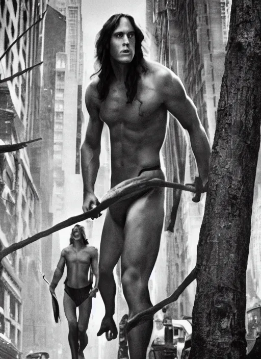 Prompt: film still, tarzan walk on the street of new york, symmetrical, 8 k, medium - format print, half body shot