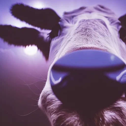 Prompt: ultra - realistic close - up of creepy cow at night, fish - eye - lense, disturbing horror photo