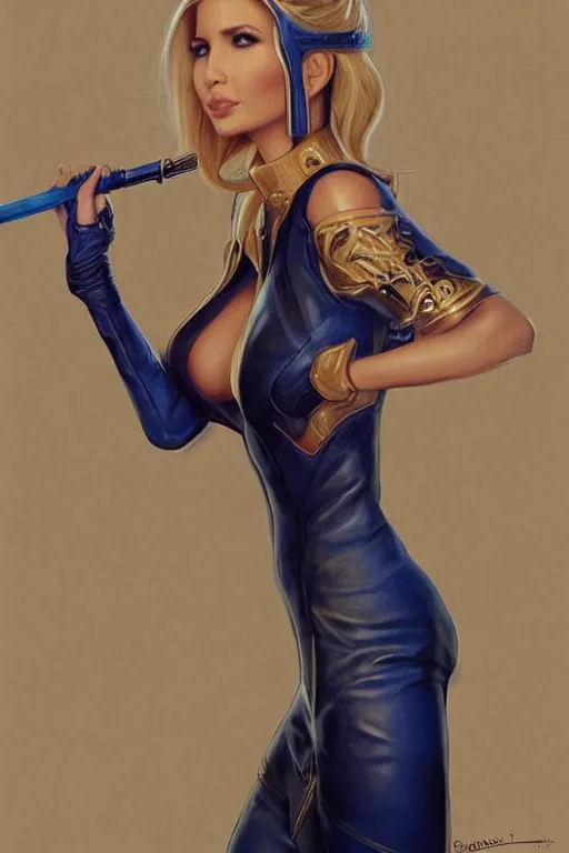 Prompt: Ivanka trump as a heroine in blue leather, intricate, elegant, highly detailed, centered, digital painting, artstation, concept art, smooth, sharp focus, illustration, art by artgerm and donato giancola and Joseph Christian Leyendecker, Ross Tran, WLOP, smoking crack in a crack pipe