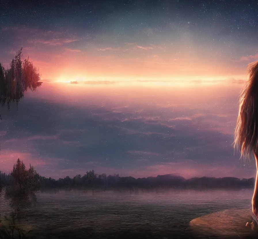 Image similar to girl in lake at night landscape with visible space sky, fantasy artwork, very beautiful scenery, hd, hdr, ue 5, ue 6, unreal engine 5, cinematic 4 k wallpaper, 8 k, ultra detailed, by popular digital artist,