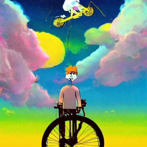 Prompt: A happy man flying in the sky on his bicycle in the clouds, synesthesia pastel impasto highly rhythmic expressionistic wild symmetrical pleasing palette trending on artstation funhouse surreal unpredictable wild unexplainable fantasy land in the gritty posterized grainy analog style of studio Ghibli and 1960s americana Comics, HQ 8k scan