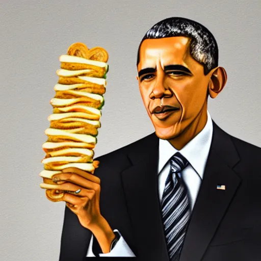 Image similar to Obama holding a noodle sandwich, realistic portrait