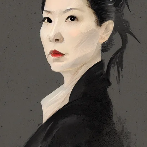Image similar to Portrait of a woman by Greg Rutkowski, she is about 50 years old, japanese, black straight hair, attractive, elegant, airs of superiority, boss vibes, she is wearing white and black utilitarian jumpsuit, highly detailed portrait, scifi, digital painting, artstation, concept art, smooth, sharp foccus ilustration, Artstation HQ.