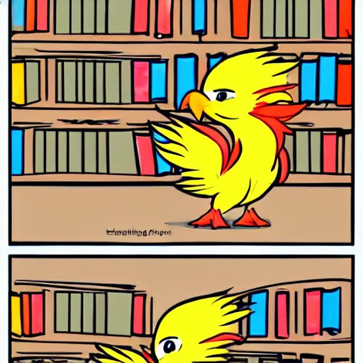 Prompt: a cute adorable phoenix fledgling learning to read in a library #Comic-Art