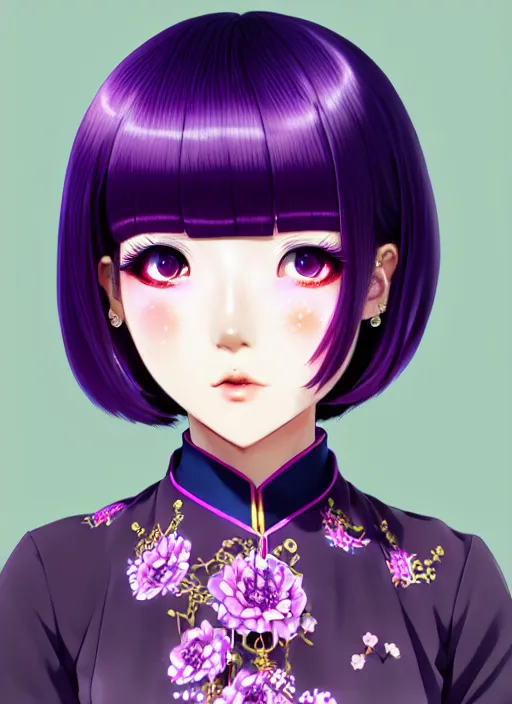 Image similar to full body illustration of an ulzzang korean girl purple hair with hime cut bangs, head slightly tilted, wearing an ornate cheongsam, ilya kuvshinov, anime, pixiv top monthly, trending on artstation, cinematic, danbooru, zerochan art, kyoto animation