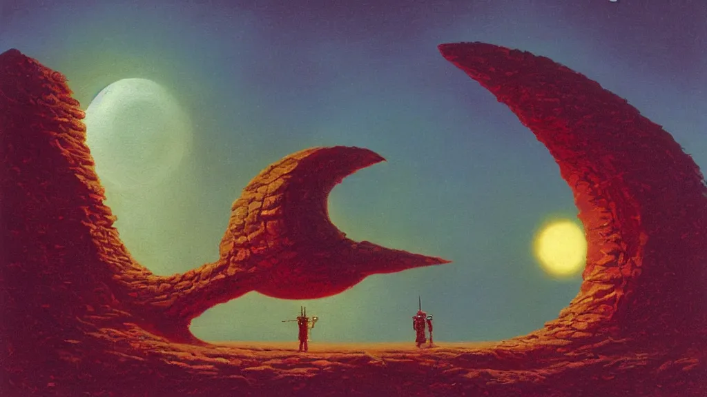 Image similar to mysterious whimsical sculpture of an alien crescent moon by paul lehr and john schoenherr and john harris, cinematic matte painting