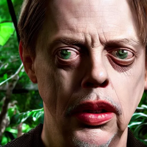 Image similar to hyperrealistic mixed media image of steve buscemi in a jungle, stunning 3 d render inspired art by xiang duan and thomas eakes, perfect facial symmetry, immaculate complexion, realistic, highly detailed attributes and atmosphere, dim volumetric cinematic lighting, 8 k octane detailed render, post - processing, masterpiece,