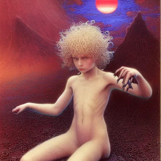 Image similar to cute young vampire tomboy girl with short short short dark hairs on lovecraftian planet by jean delville by luis royo and wayne barlowe, beksinski