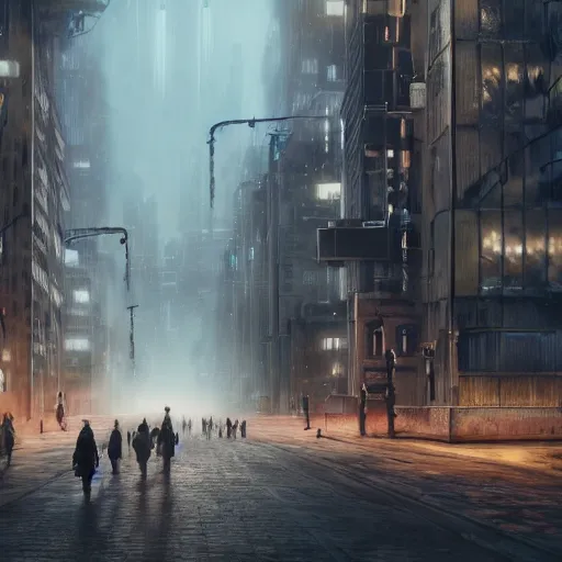 Prompt: hyperrealistic matte painting of a desolate city street, travelers walking under massive buildings, intricate detail, vr, cables, distortions, piping, 8 k resolution, city lights, by hugh ferris, cyberpunk style, concept art, trending on artstation