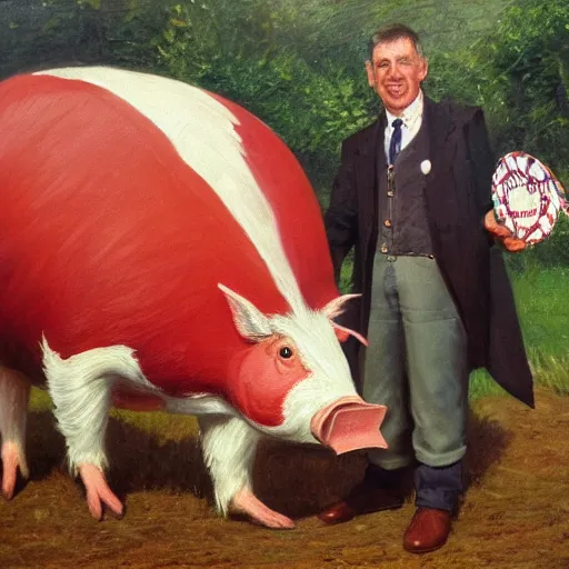 Prompt: a proud englishman farmer showing off his prized red ribbon hog at the county fair, oil painting