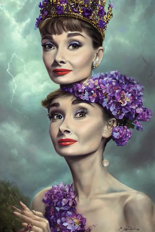 Image similar to closeup portrait fine art photo of the beauty audrey hepburn, she has a crown of stunning flowers and dress of purple satin and gemstones, background full of stormy clouds, by peter mohrbacher