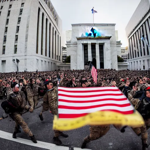 Image similar to 4 k hdr sony a 7 wide angle photo of soldiers waving hundreds of bitcoin flags at a protest of thousands of people surrounding federal reserve building with us dollars burning in a pile and flying everywhere