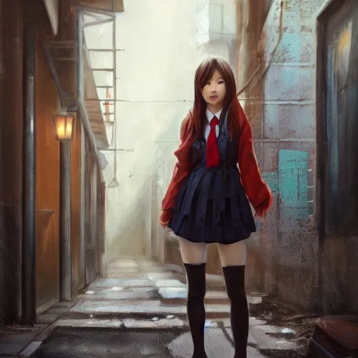 Image similar to a perfect, beutiful, realistic professional oil painting of a Japanese schoolgirl posing in a dystopian alleyway, style of Marvel, full length, by a professional American senior artist on ArtStation, a high-quality hollywood-style concept