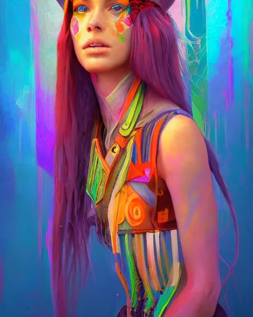Prompt: colorful character portrait of a female hippie, set in the future 2 1 5 0 | highly detailed face | very intricate | symmetrical | professional model | cinematic lighting | award - winning | painted by mandy jurgens | pan futurism, dystopian, bold colors, cyberpunk, groovy vibe, anime aesthestic | featured on artstation