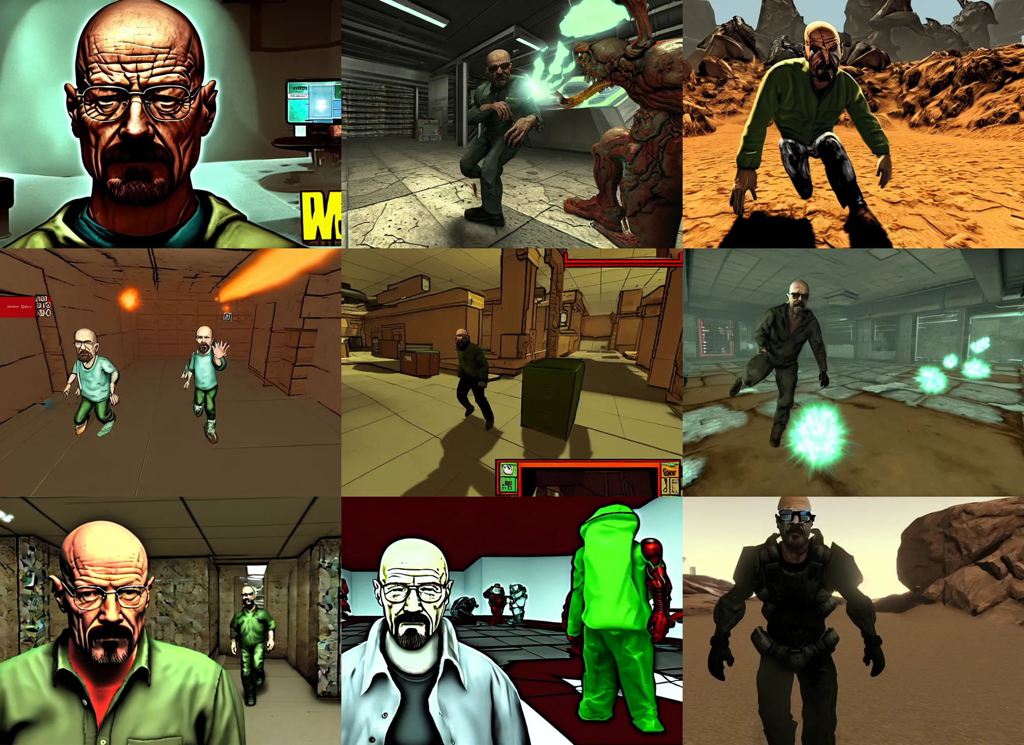 Prompt: Walter White in a screenshot of the video game doom, Walter White is running