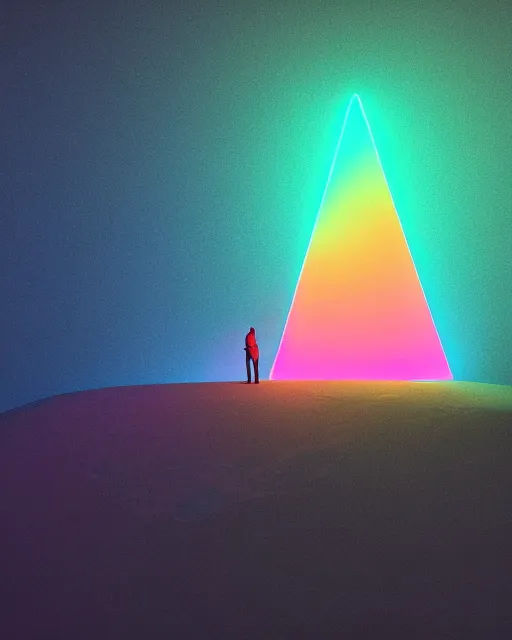 Image similar to a man standing in the middle of a mountain with a glowy neon triangle, a render by filip hodas, behance contest winner, environmental art, rendered in cinema 4 d, volumetric lighting