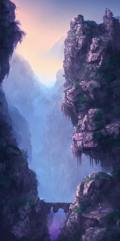 Image similar to Gorge in the mountain, white stone temple ruins, night dramatic lighting, blue and purple tones, wide camera angle, matte painting, trending on ArtStation, concept art, delightful surroundings, high detail