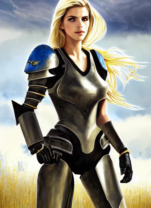 Image similar to portrait of a combination of Ashley Greene, Katheryn Winnick, Victoria Justice and Adriana Dxim, Grace Kelly, Emma Watson and Lily Collins with blonde hair wearing Varia Armor from Metroid Prime, countryside, calm, fantasy character portrait, dynamic pose, above view, sunny day, thunder clouds in the sky, artwork by Jeremy Lipkin and Giuseppe Dangelico Pino and Michael Garmash and Rob Rey and Greg Manchess and Huang Guangjian, very coherent asymmetrical artwork, sharp edges, perfect face, simple form, 100mm