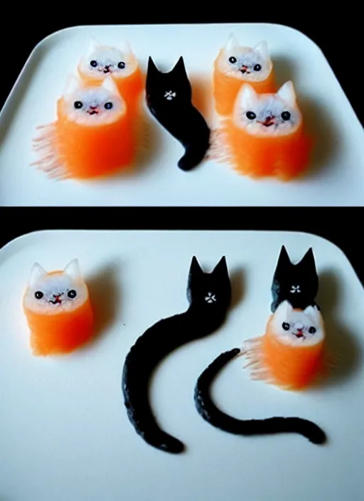 Image similar to clear surrealist painting of adorable cats made from sushi rice, sitting on sushi plates with garnish