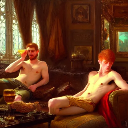 Image similar to attractive male mike with ginger hair with attractive male tyler with brunet hair, drinking their hearts out, in their noble mansion. highly defined painting, highly detailed painting by gaston bussiere, craig mullins 8 k