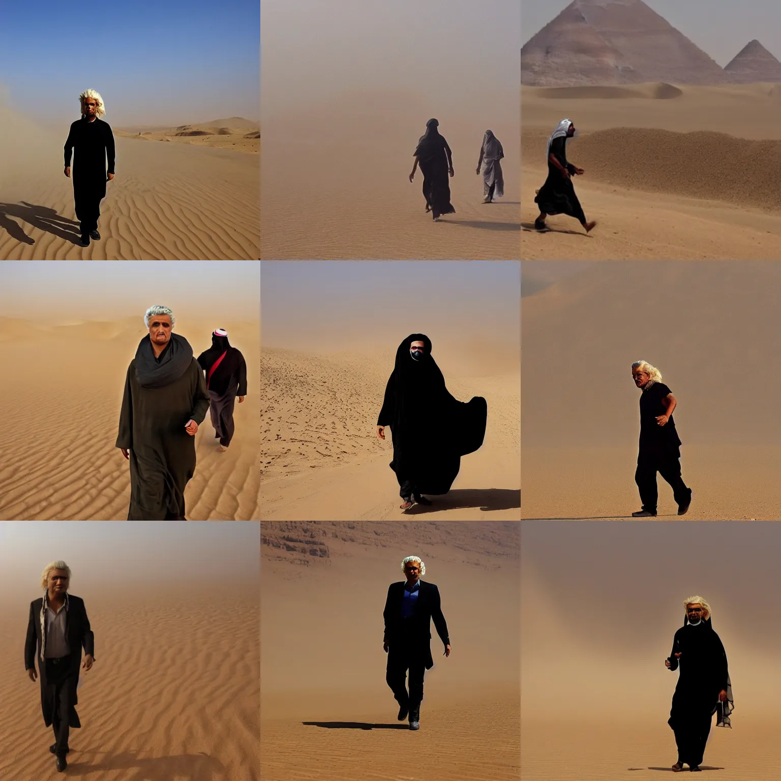 Prompt: egyptian geert wilders walking the desert in sandstorm