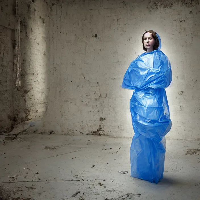 Prompt: closeup portrait of a woman wrapped in blue cellophane, standing in an abandoned cotton mill, color photograph, by vincent desiderio, canon eos c 3 0 0, ƒ 1. 8, 3 5 mm, 8 k, medium - format print