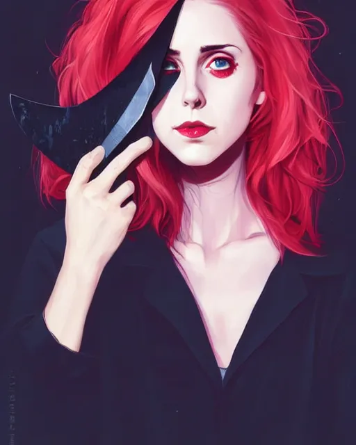 Prompt: loish, artgerm, Joshua Middleton art, Rafeal Albuquerque, pretty Alison Brie serial killer holding bloody knife in right hand realistic hand, blood on clothes and face, sarcastic smile, symmetrical eyes, symmetrical face, jean jacket, jeans, short blonde hair, middle shot, night time, deep blacks