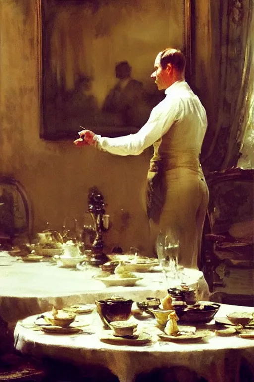 Image similar to portrait of a respectable dignified royal business elite politician standing on top of a finely set table calmly stepping in the food art by anders zorn, wonderful masterpiece by greg rutkowski, beautiful cinematic light, american romanticism by greg manchess, jessica rossier