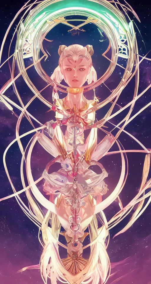 Image similar to symmetry!! portrait of sailor moon! alien in the style of horizon zero dawn, machine face, intricate, elegant, highly detailed, digital painting, artstation, concept art, smooth, sharp focus, illustration, art by artgerm and greg rutkowski and alphonse mucha, 8 k