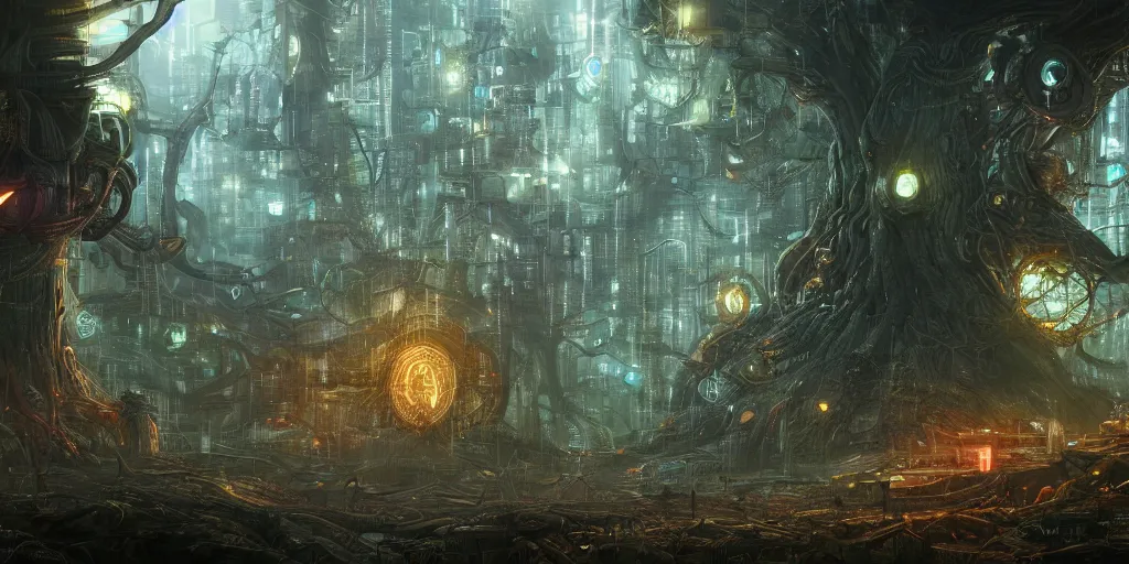 Image similar to yggdrasil growing in a dark forest where gears and electronic parts grow on the trees , cyberpunk landscape wallpaper, d&d art, fantasy, painted, 4k, high detail, sharp focus