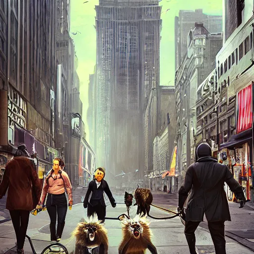 Image similar to Stunning Hyperealistic portrait of Giant Dishonored enormous furry rats walking humans on a leash in the city of New York.