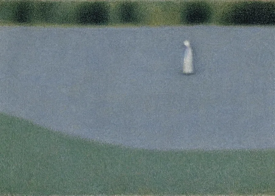 Image similar to white sheet ghost standing in an empty field, by georges seurat