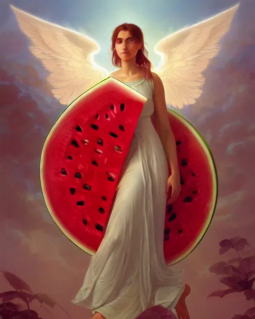 Prompt: an angel living inside a giant watermelon, watermelon house, posing, highly detailed, digital painting, artstation, concept art, smooth, sharp focus, illustration, art by artgerm and greg rutkowski and alphonse mucha