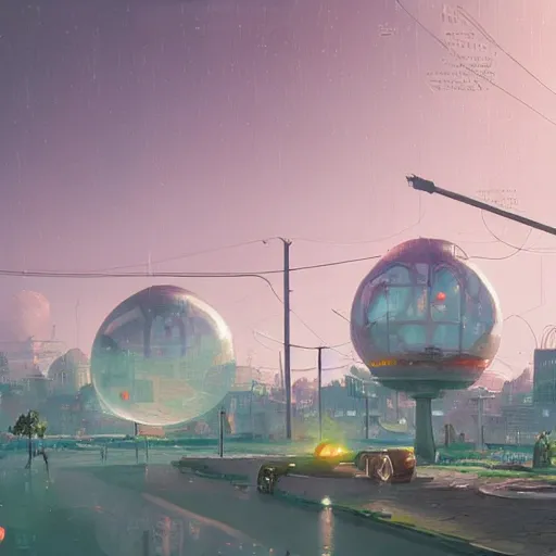 Image similar to A city trapped in a giant transparent dome, bubbles, cinematic lighting, insanely detailed, intricate, artstation, cgsociety, painted by Simon Stalenhag, concept art, illustration, sharp focus,