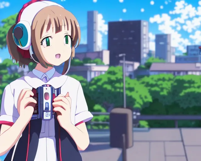 Image similar to anime fine details portrait of joyful school girl talk with robot, city landscape on the background deep bokeh, profile close-up view, anime masterpiece by Studio Ghibli. 8k, sharp high quality anime