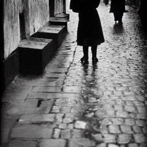 Image similar to fine art photograph of a woman seen from behind she is waiting for the rain to stop, cobblestone street, by henri cartier - bresson