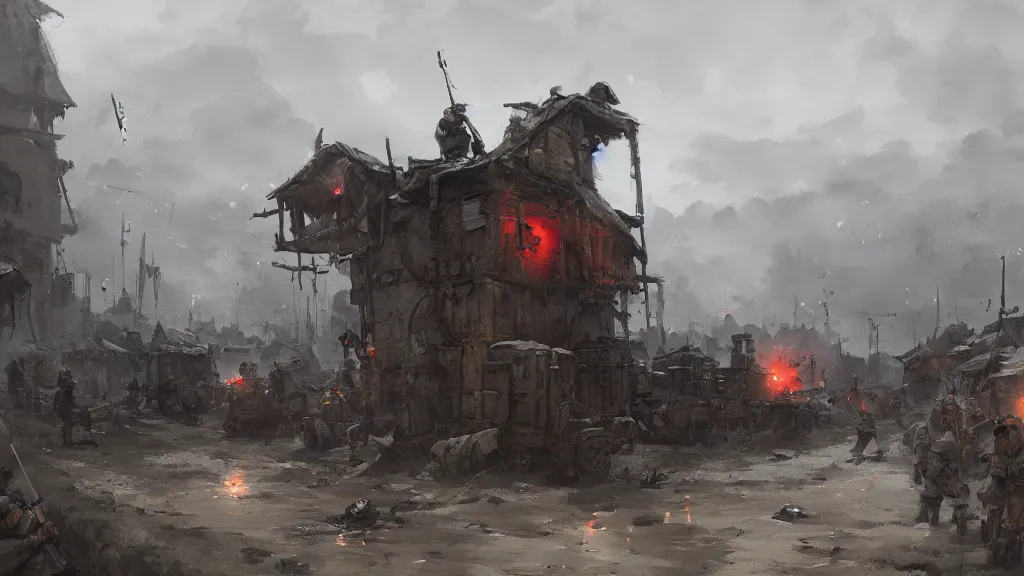 Image similar to siege camp by the walls, high quality, watercolored, jakub rozalski, dark colours, dieselpunk, artstation