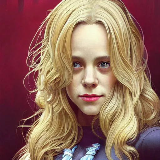 Image similar to Young blonde Rachel McAdams, highly detailed, digital painting, artstation, concept art, smooth, sharp focus, illustration, ArtStation, art by artgerm and greg rutkowski and alphonse mucha and J. C. Leyendecker and Edmund Blair Leighton and Katsuhiro Otomo and Geof Darrow and Phil hale and Ashley wood and Ilya repin and Charlie Bowater