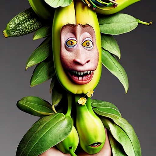 Image similar to banana dryad editorial 2 0 0 mm, megan fox editorial by malczewski and arcimboldo, banana dryad character sculpture by arcimboldo, stil frame from'cloudy with a chance of meatballs 2'( 2 0 1 3 ) of banana dryad, banana hybrid megan fox editorial by alexander mcqueen and arcimboldo