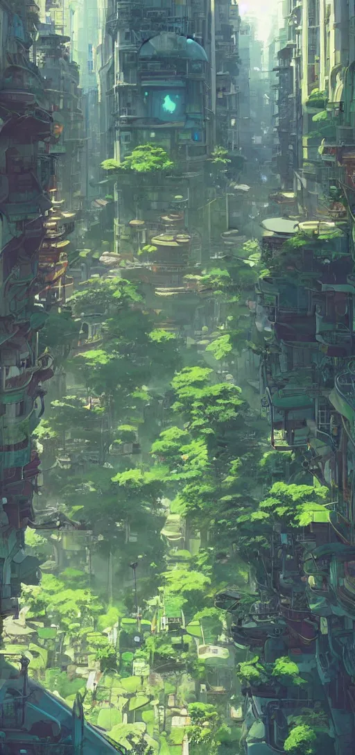 Image similar to Downtown solarpunk utopia, clean streets, green, optimistic, clean and sharp colors, by studio ghibli and greg rutkowski