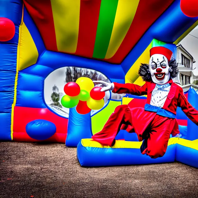 Prompt: scary bouncy castle clown, highly detailed, 8 k, hdr, smooth, sharp focus, high resolution, award - winning photo