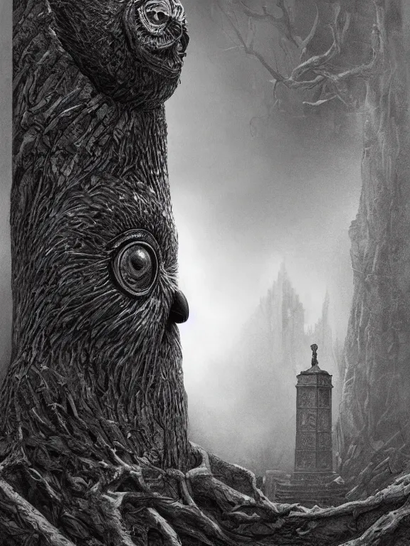 Prompt: a beautiful hyper realistic detailed matte painting showing an old totem of the old owl, a strange and oppressing statue who seems to intensely watch you, dramatic lighting, dynamic lighting, cinematic lighting, by maurits cornelis escher and howard phillips lovecraft, black and white, featured on artstation