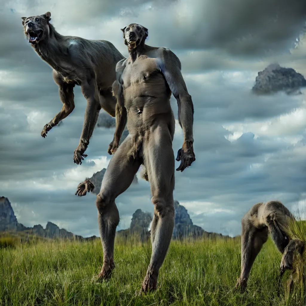 Prompt: animal human hybrid posing in a natural landscape, hyperreal 3d render, unreal engine